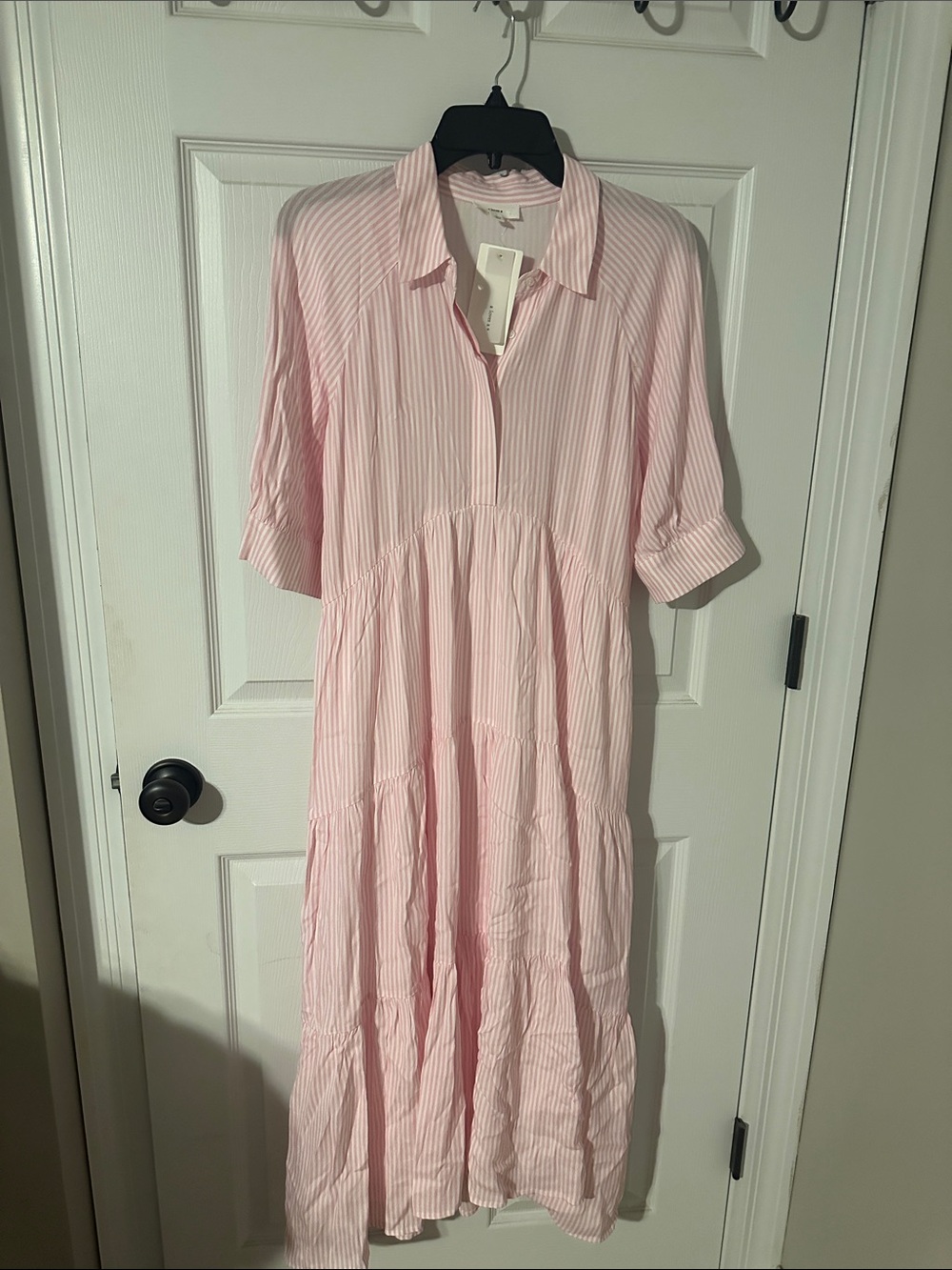 Soft Pink Striped Maxi Shirt Dress with Collared Neck